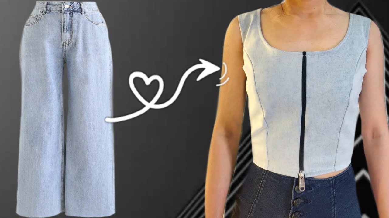 DIY denim corset top  / jeans upcycle / jeans top cutting and stitching / recycle jeans into top