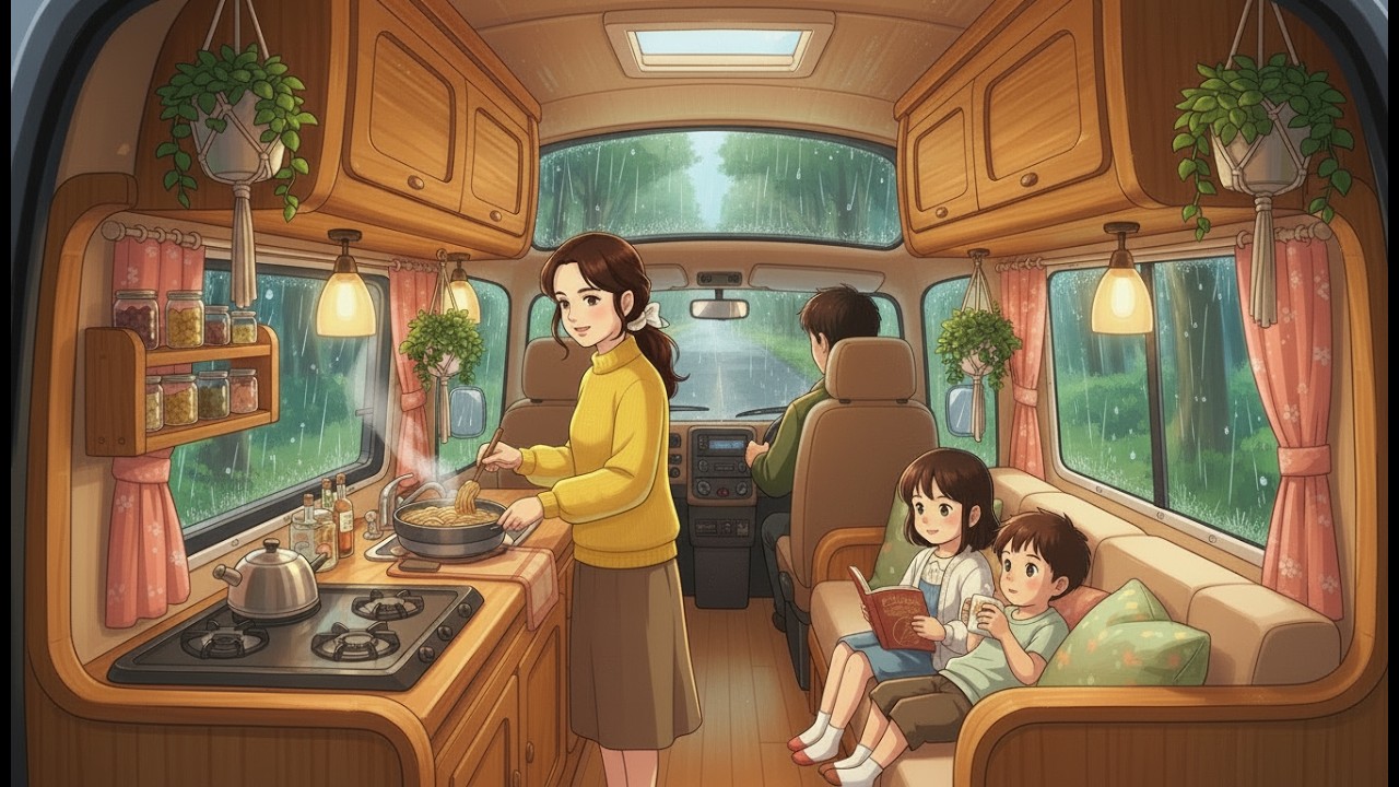 A Rainy Evening in our Cozy Mobile Van: Cozy moments together | Ghibli-Style Relaxing ASMR
