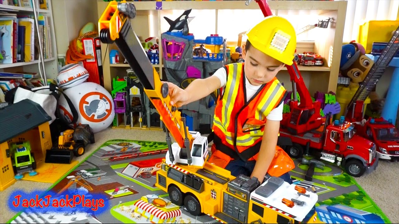 Unboxing a Huge Crane Truck for Kids! Construction Vehicles Pretend Play and Review! | JackJackPlays