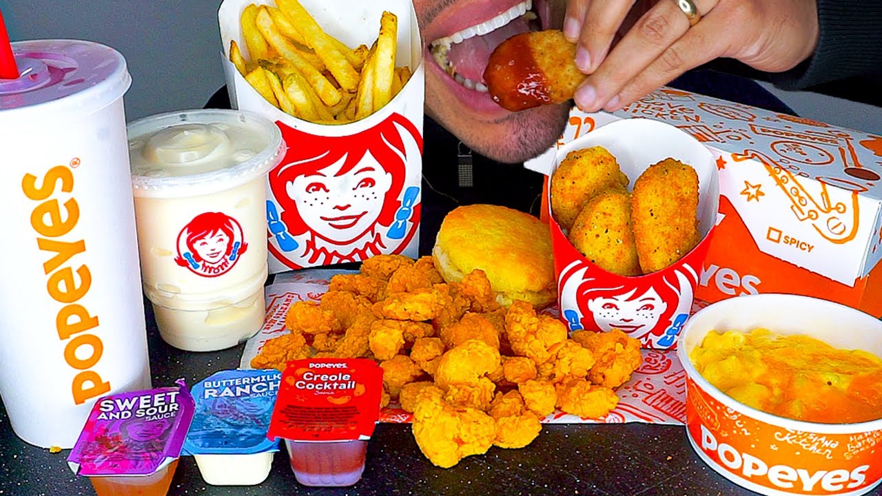 WENDY'S VS POPEYES CHICKEN NUGGETS MAC N CHEESE FROSTY SEAFOOD FRIES *NO TALKING* EATING SOUNDS