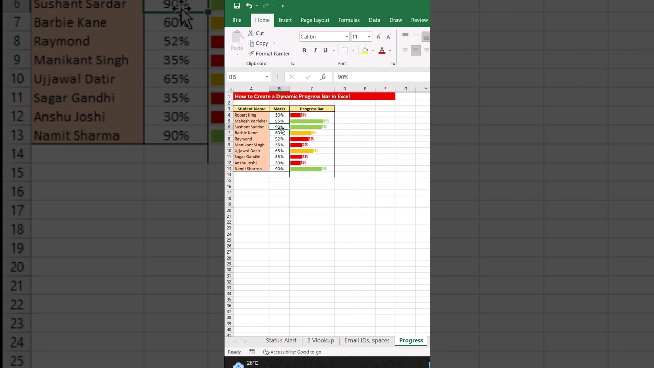 Create COLOURED Dynamic PROGRESS BAR using REPT Function | Data Visualization| Hello Excel #viral