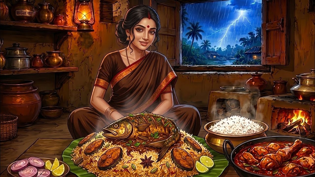 🌧️ A Peaceful Rainy Day in 1990s Indian Village Life| Giant Fish Biryani Cooking l Ghibli Village 