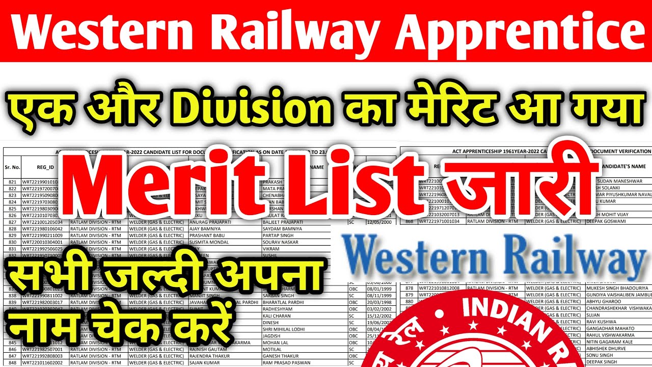 WESTERN RAILWAY APPRENTICE MERIT LIST जारी 2022 | एक और Division का मेरिट लिस्ट आ गया, WR Apprentice