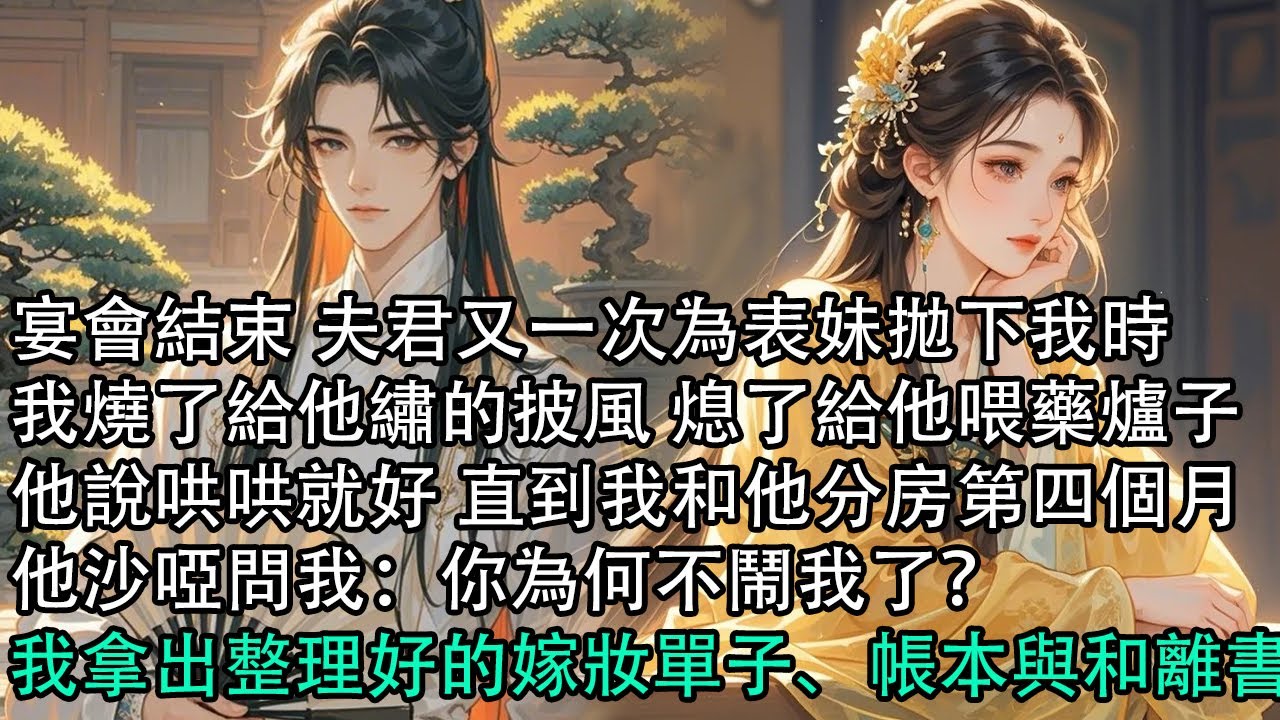 【一口氣看完】宴會結束 夫君又一次為表妹拋下我時，我燒了給他繡的披風 熄了給他喂藥爐子，他說哄哄就好 直到我和他分房第四個月，他沙啞問我：你為何不鬧我了？我拿出整理好的嫁妝單子、帳本與和離書