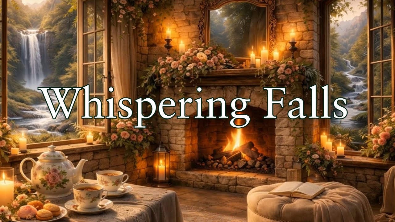 Whispering Falls Cottage | Ambience With Waterfall Sounds, Nature Sounds, Fireplace Sounds