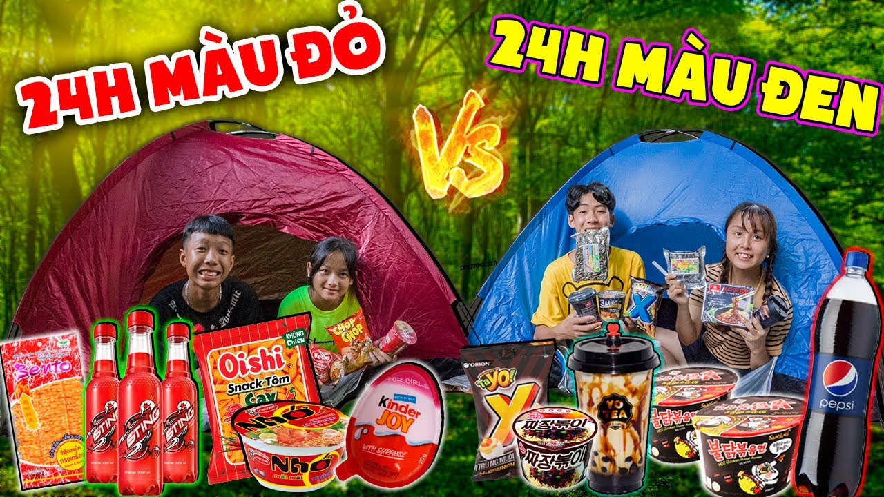 Thử Thách 24H Cắm Trại Trong Rừng Chỉ Ăn Đồ Màu Đỏ Vs Màu Đen ❤ KN CHENO Chị Hằng