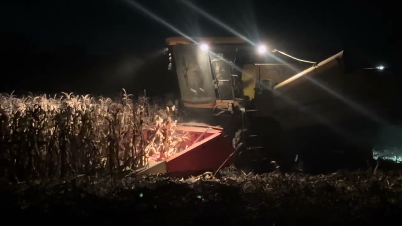 New holland Tcs 30 ac cabin harves working in maize at night 