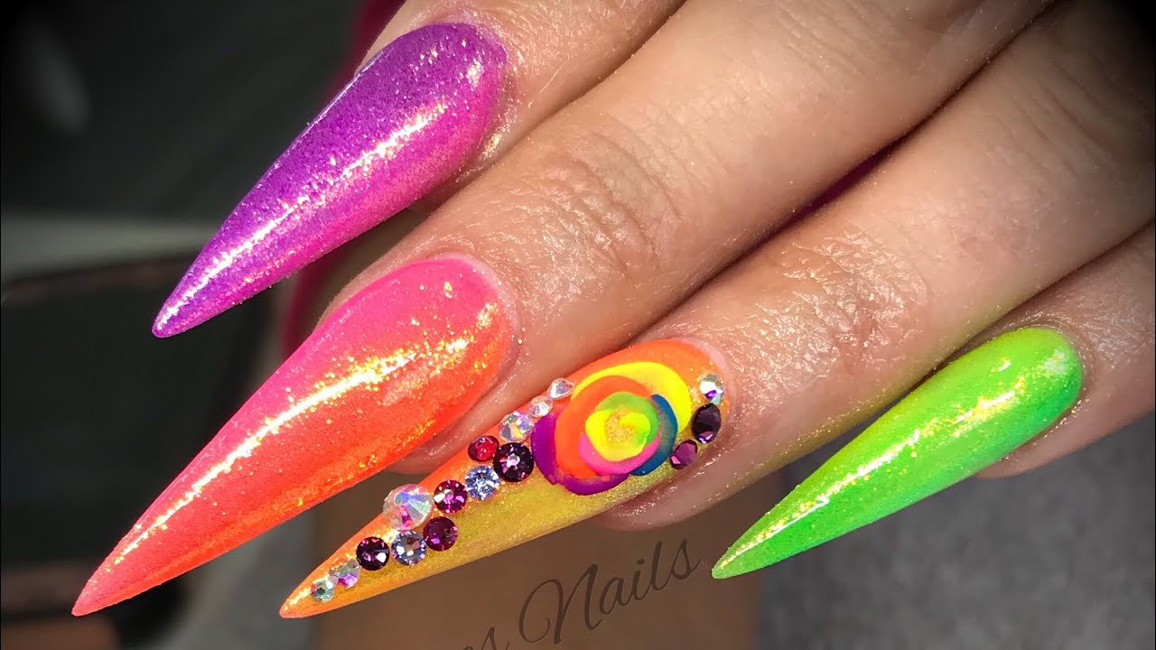 Acrylic nails - coloured ombré neon set with 3d flowers