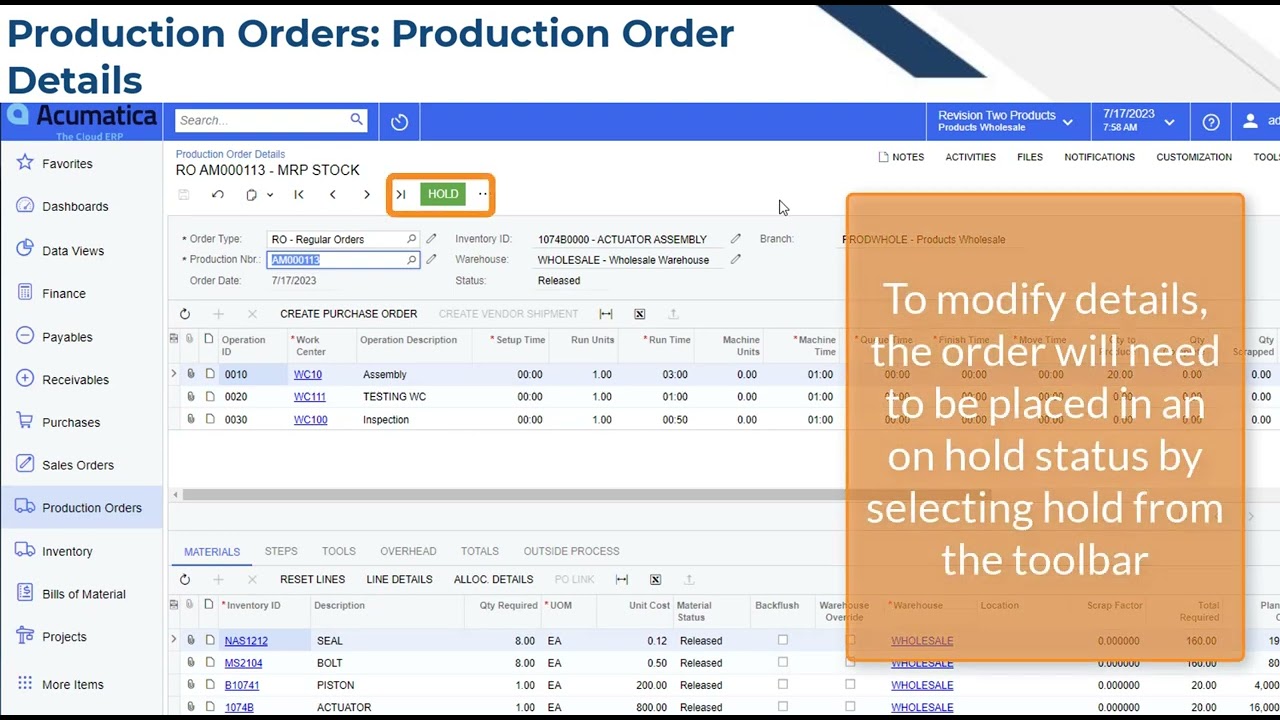 Acumatica Cloud ERP Tips 171:  Production Orders - Production Order Details