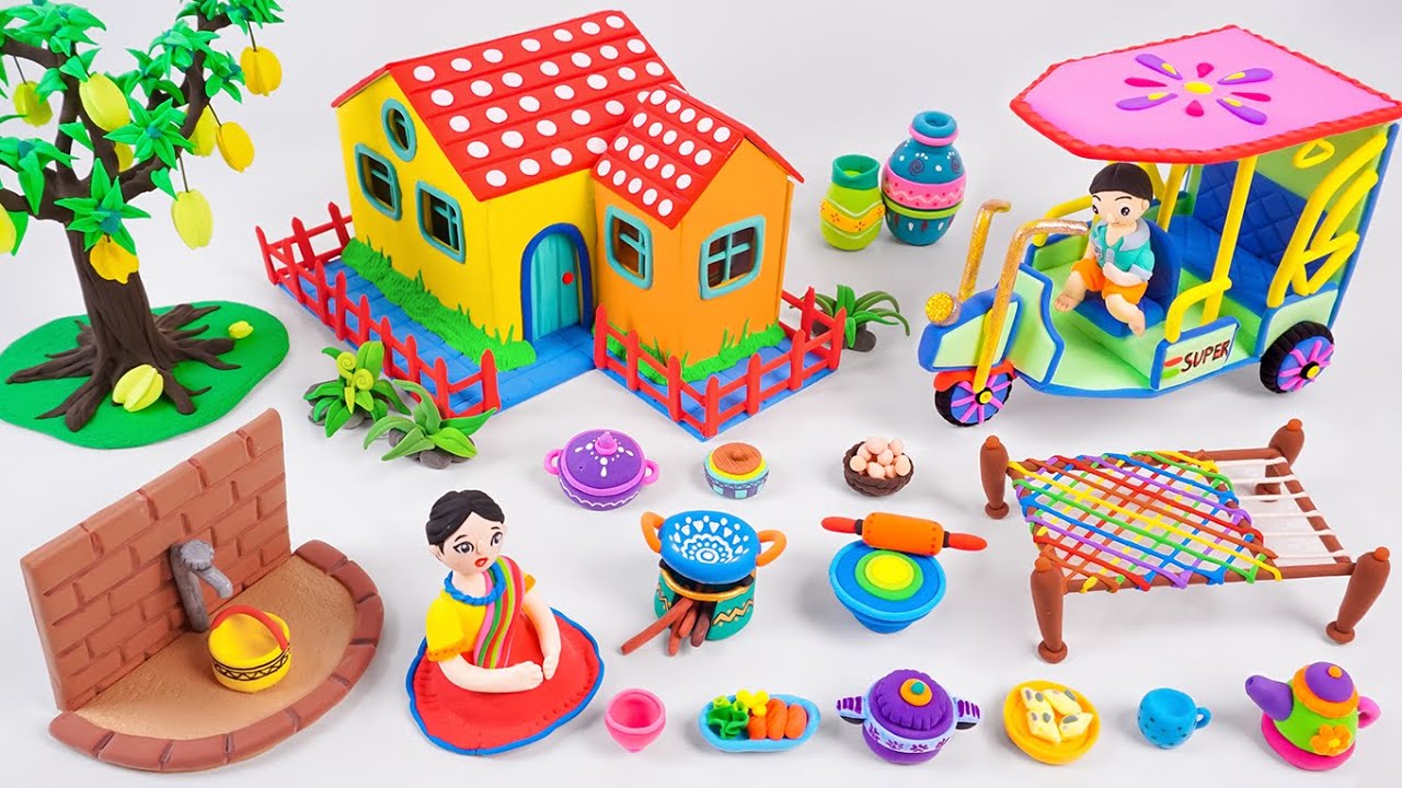 💥💥💥DIY WONDERFUL Miniature Clay House with Bathroom, Kitchen set, Water Well, Rikshaw Cycle, Charpai