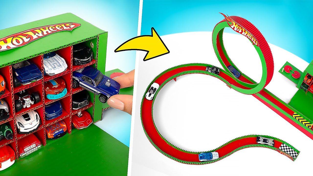 Pista de carreras DIY Hot Wheels con un garaje seguro