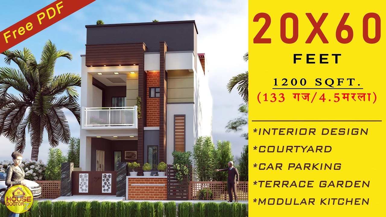 3D Home Design | 20*60 Feet House Plan With Interior Design Car Parking Courtyard Terrace Garden