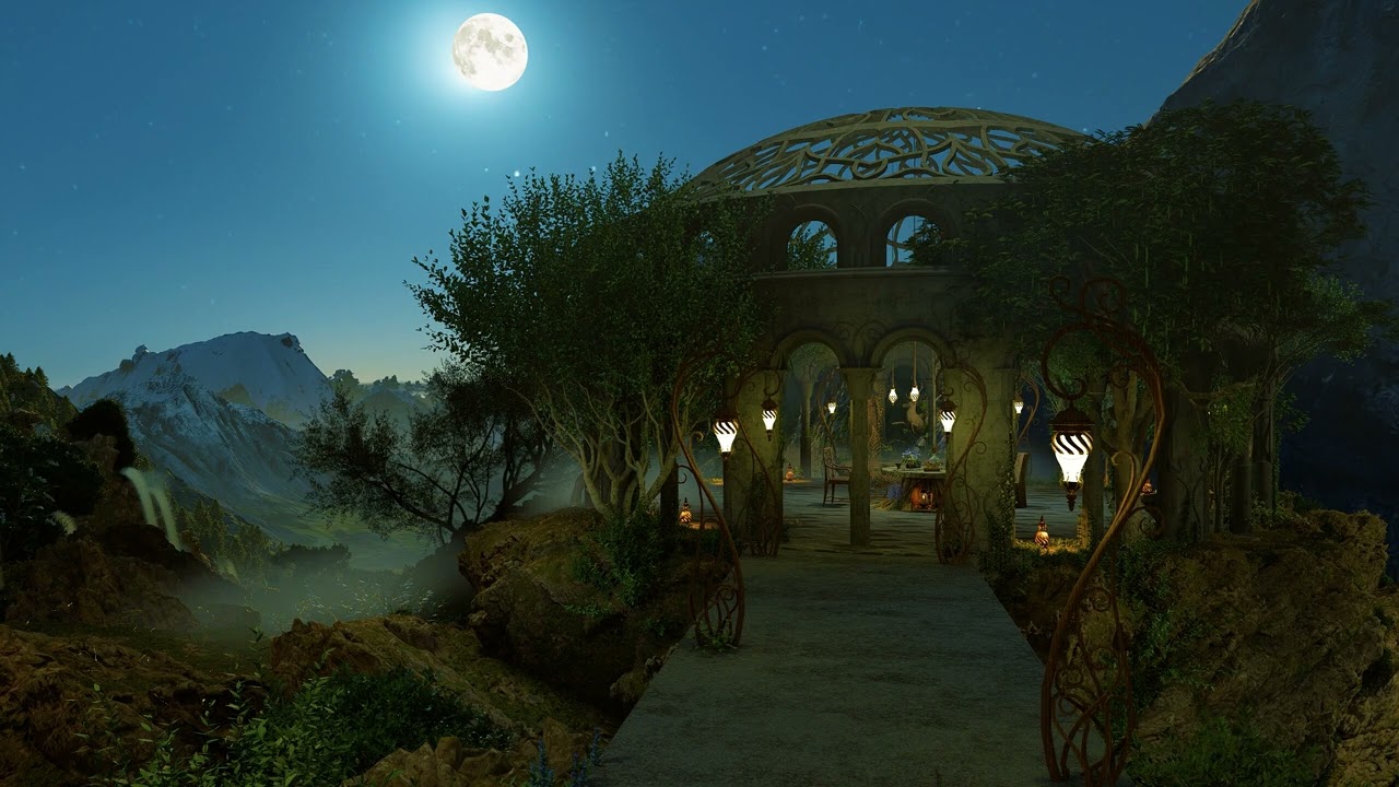 Elven Kingdom at Full Moon Night Ambience Nature & Water Sounds | Sleep Focus Chill Relax