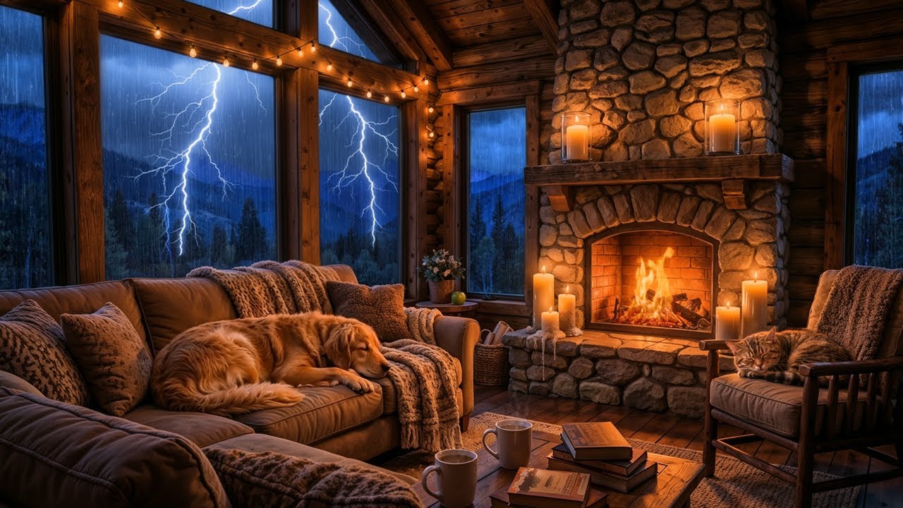 Расслабляющая гроза ночью ⛈️, треск камина, сон 💤 кошки и собаки