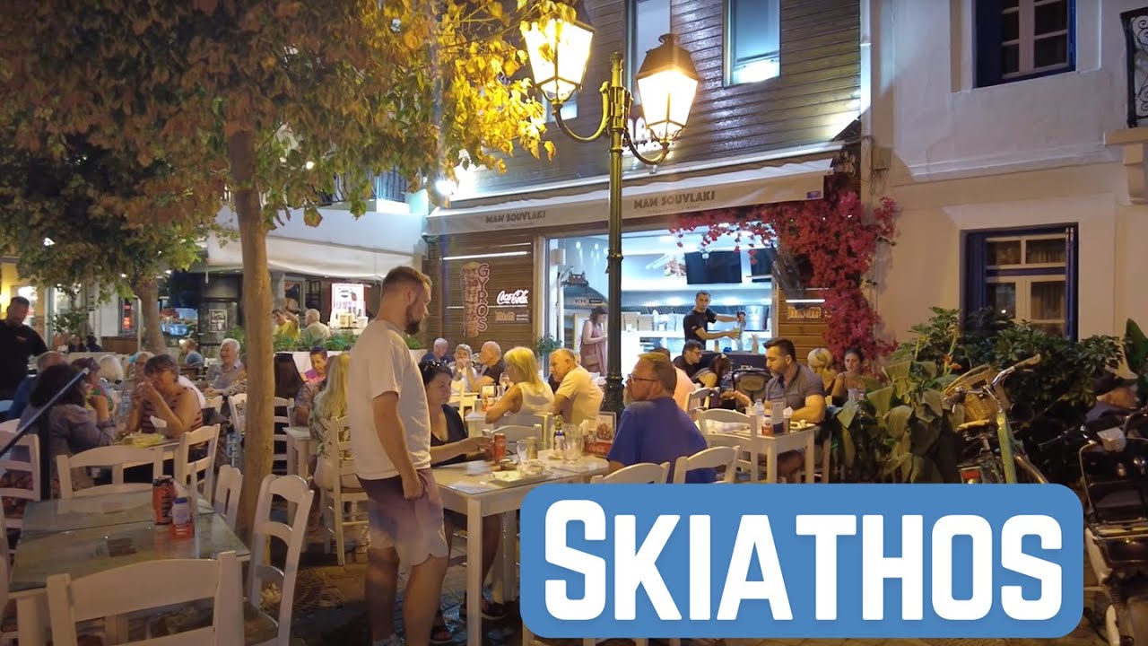 Evening walk in Skiathos town in September [4k Ultra HD 60fps]