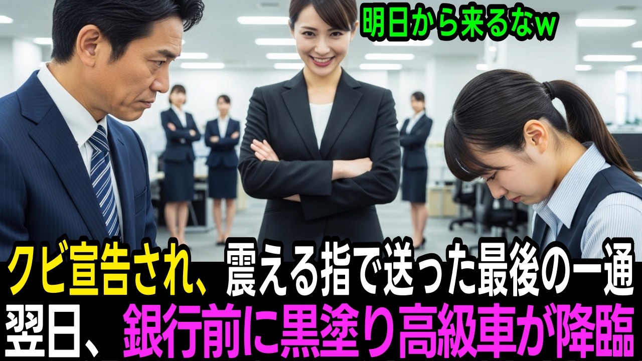 「明日から来るな」と理不尽にクビを宣告された新人。震える指で本部に一通のメールを送った結果…翌朝、銀行前に黒塗り高級車が降臨して支店長が絶句する羽目に。 | 感動する話 | スカッとする話