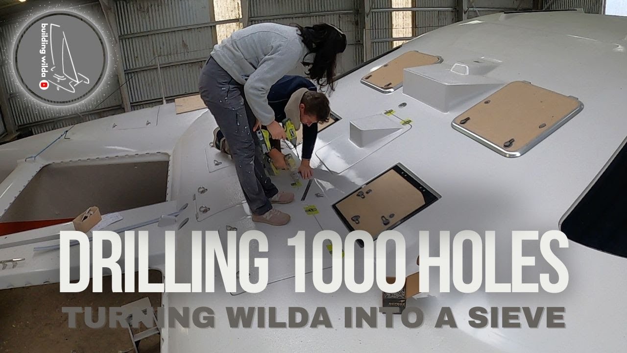 S03E32 - Drilling 1000 holes into our sailboat. Hinges installation starts | Building Wilda