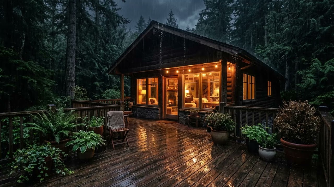 Soft Rain Sounds in Cozy Pine Forest Cabin 🌧️ Warm Lamp Light & Books for Deep Sleep Nights