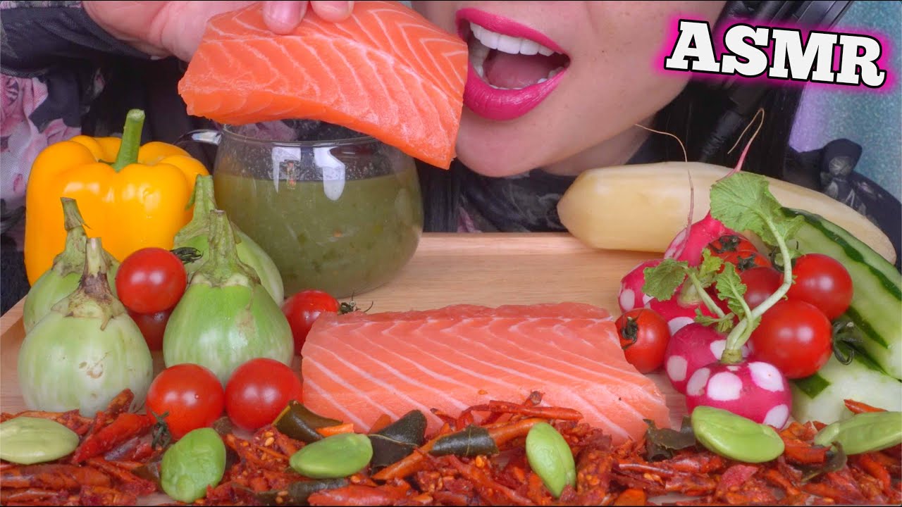 ASMR SALMON SLAB SASHIMI + SEAFOOD SAUCE + FRIED CHILI (EATING SOUNDS) NO TALKING | SAS-ASMR