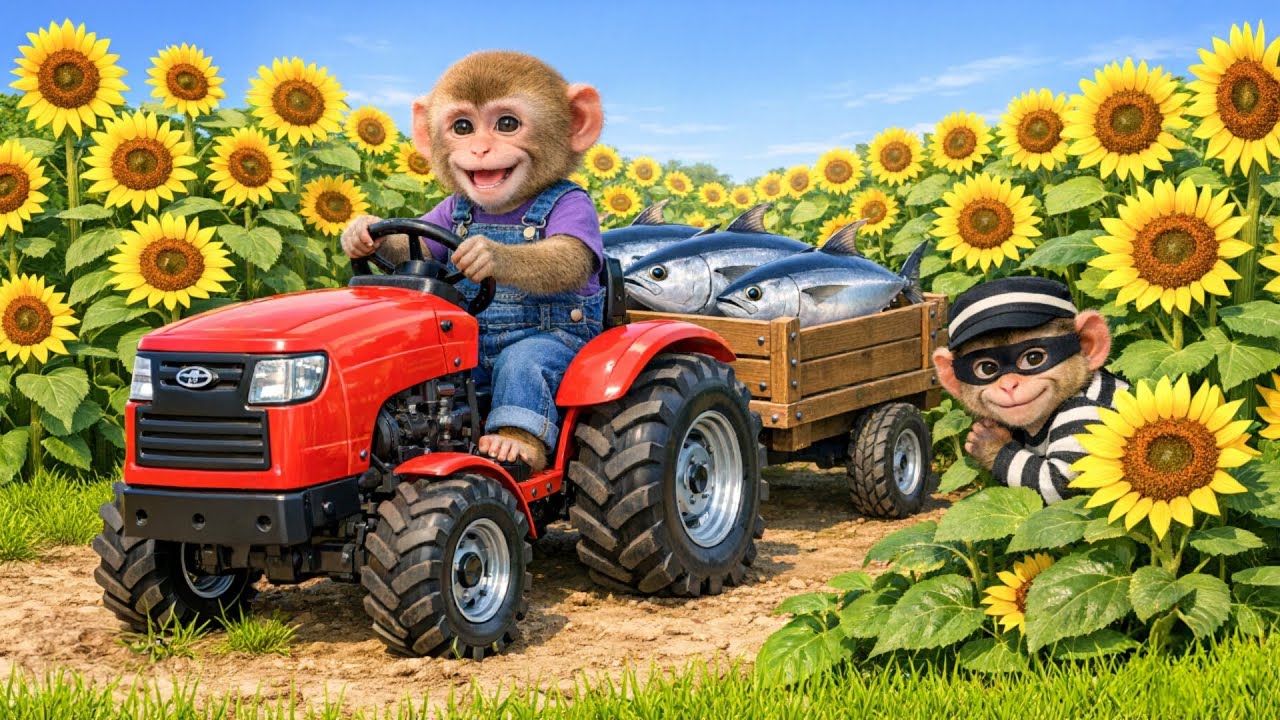 Monkey Farmer Drives Tractor to Harvest Fish and Catches a Sneaky Thief! - Monkey Farm Work