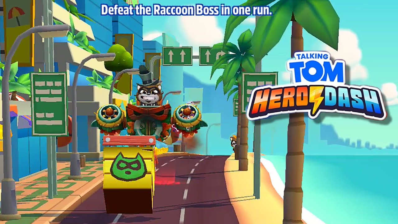 Talking Tom Hero Dash Gold Flash Tom Defeat Raccoon Boss in one run