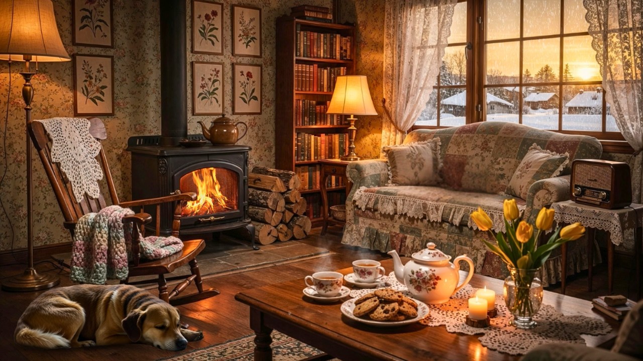 Peaceful 1950s Winter Evening ❄️ Oldies Playing in Another Room | Cozy Fireplace & Soft Jazz