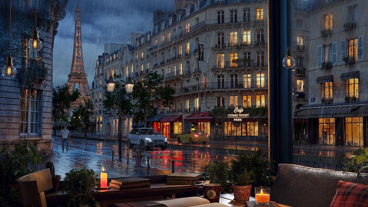 Paris Coffee Shop Immersive Ambience / Rain and Distant Thunder Sounds for Study and Relaxation