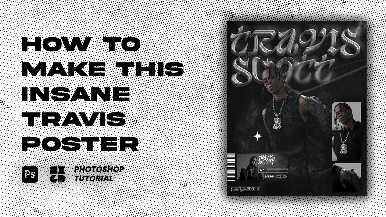 How To Create Travis Scott Dark Smoky Poster in Photoshop | 3D Chrome Text Effect Tutorial