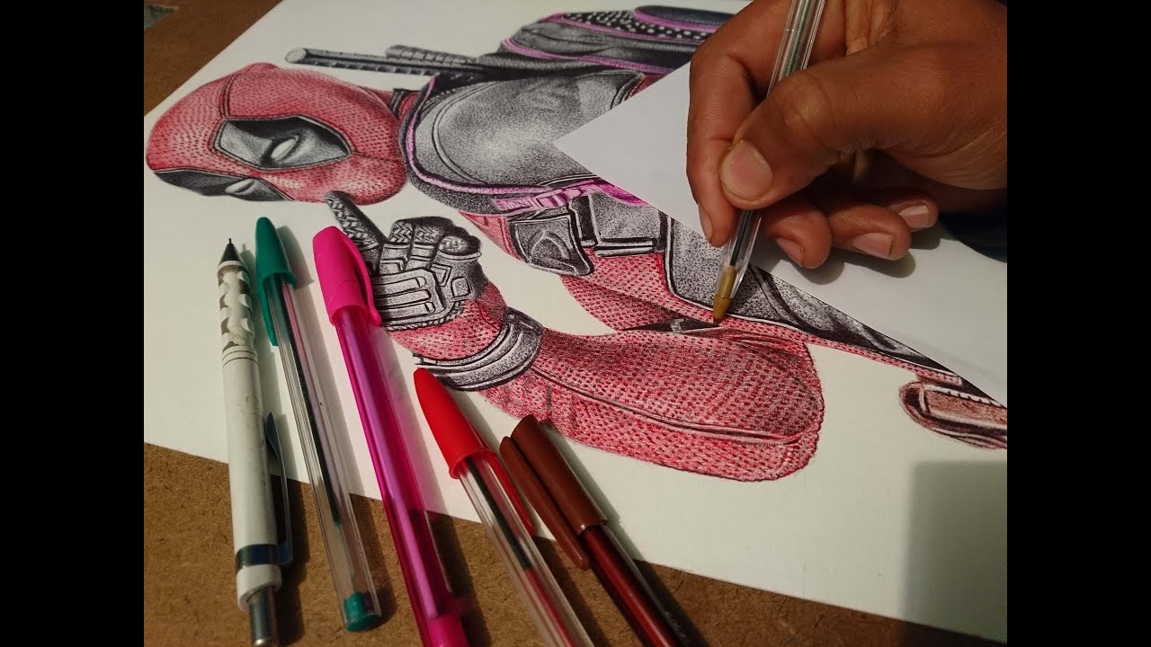 Dessin de deadpool aux 5 stylos à bille