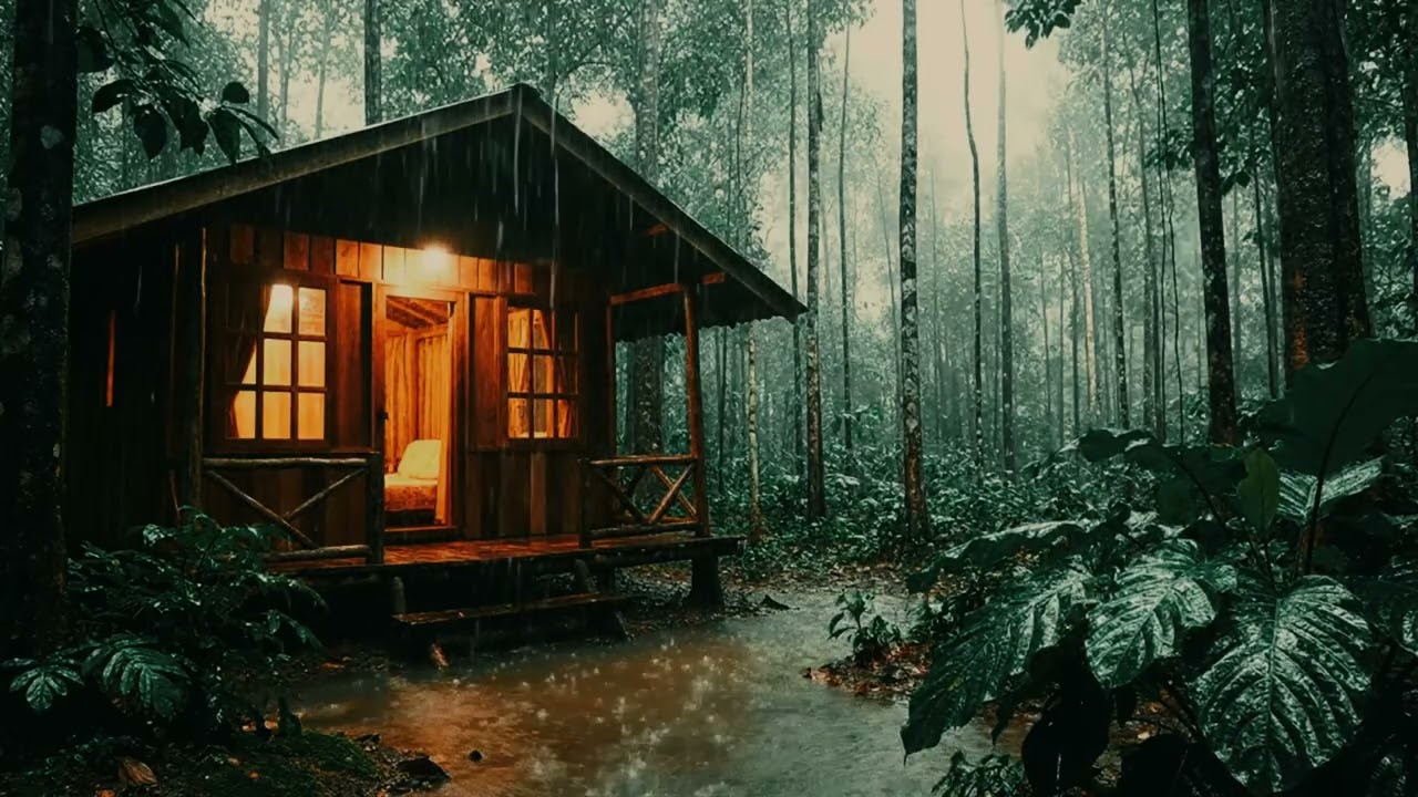 Jungle Rainfall Surrounding a Cozy Wooden Cabin #studyrainsounds #sleeprain #cabinambience