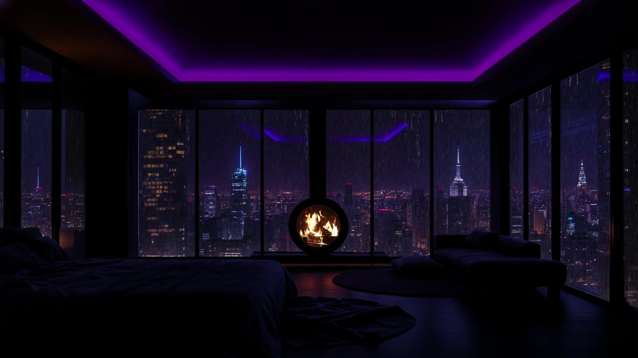 Heavy Rain on the Window & Crackling Fireplace in a Luxury Purple Apartment 🌃