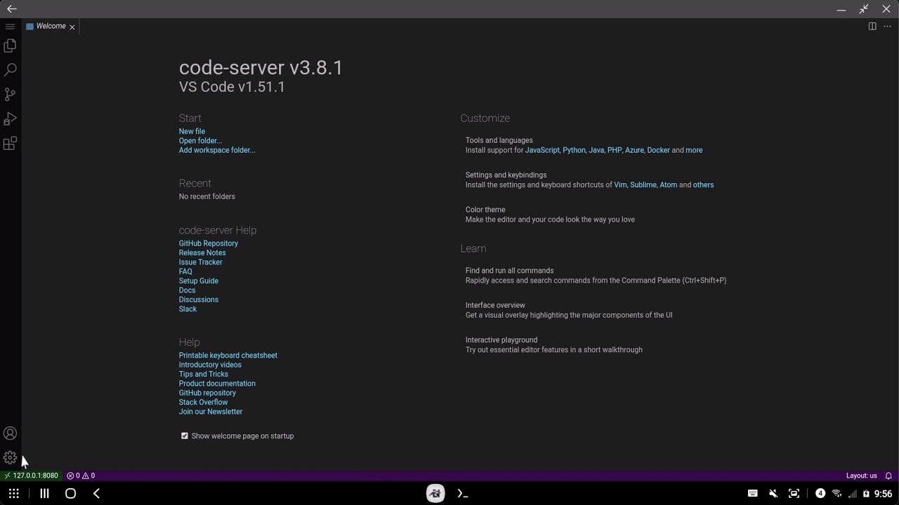 VS Code (code-server) in DeX on a Samsung Galaxy S21