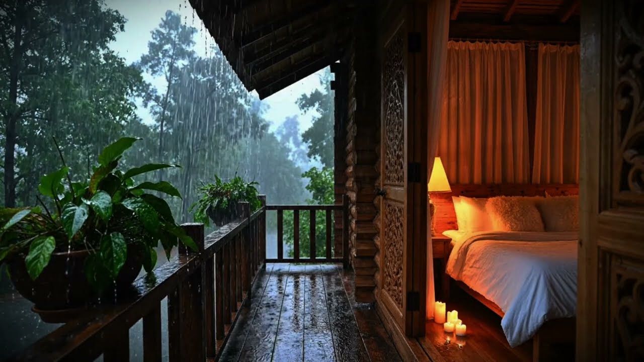 The sound of rain and thunder helps you sleep soundly in a peaceful deep forest bedroom