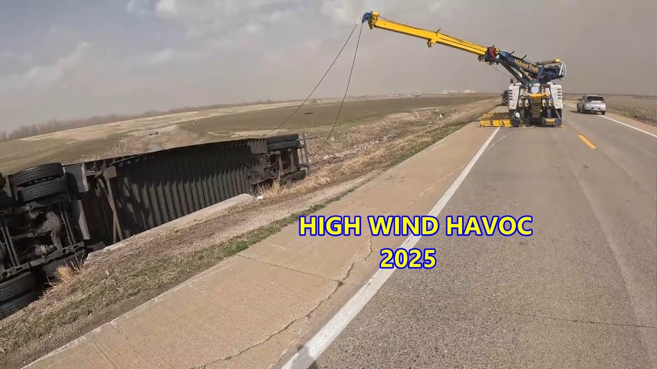 HIGH WIND HAVOC 2025!!!  SEMI BLOWN OVER BY HIGH WINDS WHILE DRIVING!!!