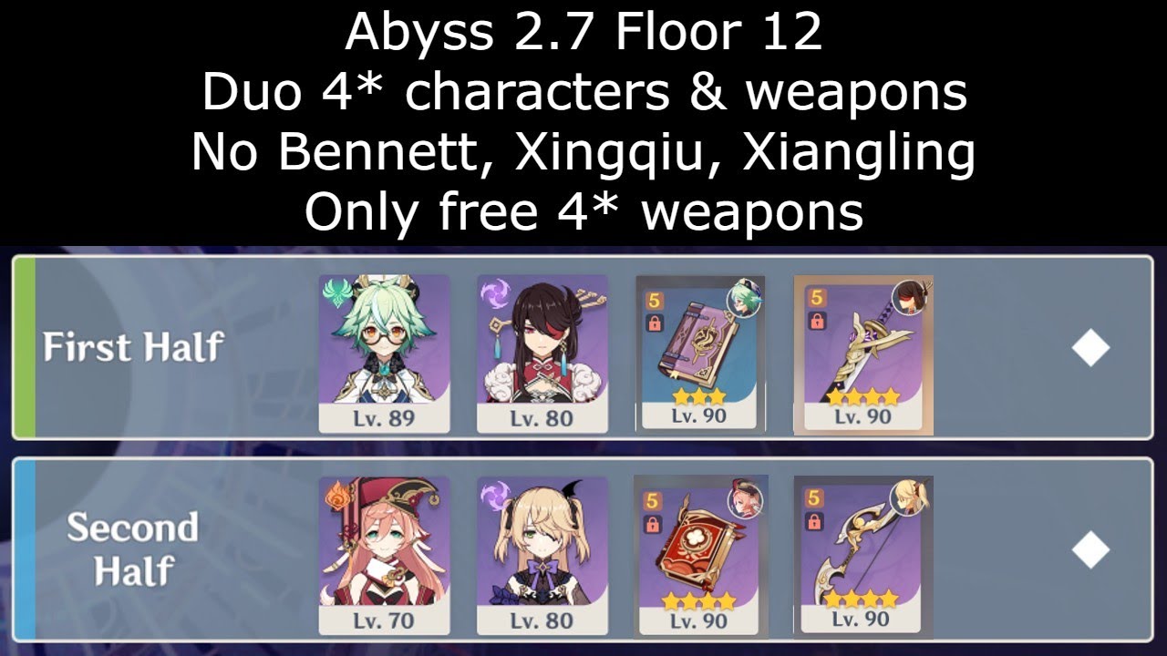 Genshin Impact Abyss 2.7 | F2P Floor 12 Duo 4* | Only free weapons, no Bennett, Xingqiu, Xiangling