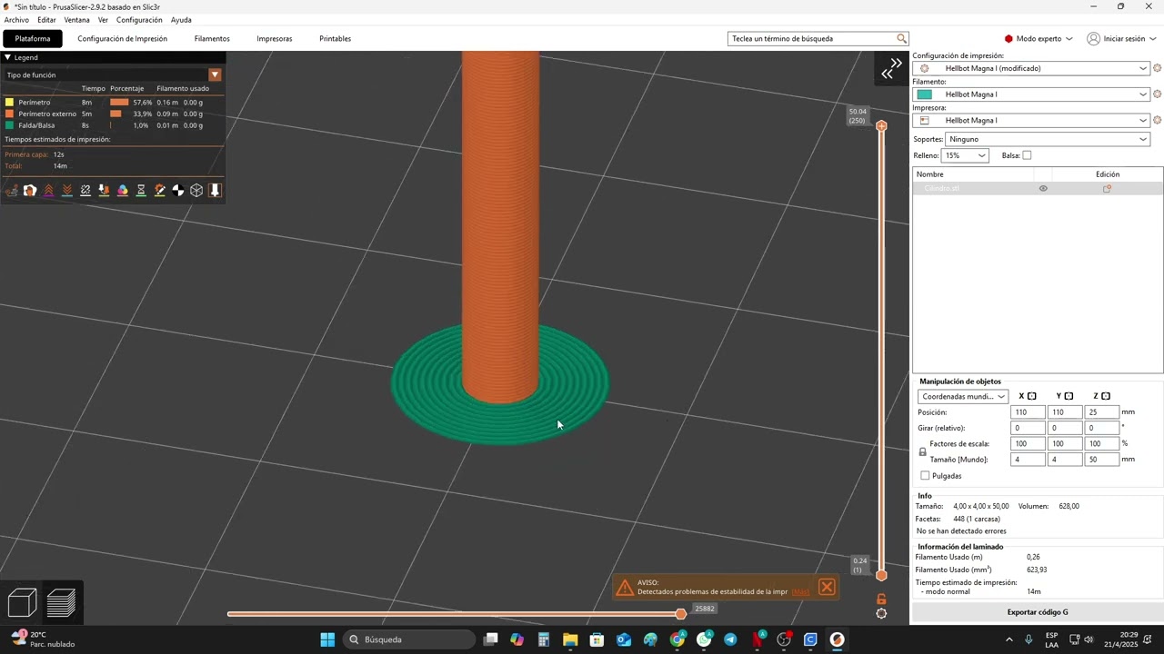 6 - Prusa Slicer: Configuración de impresión - Falda y Balsa