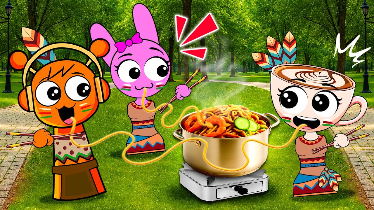 ¡¡OMG!! PINKI, OREN y CAPPUCCINA Limpian una Olla Gigante de Fideos 🍜⏳| Sprunki in Real Life Español
