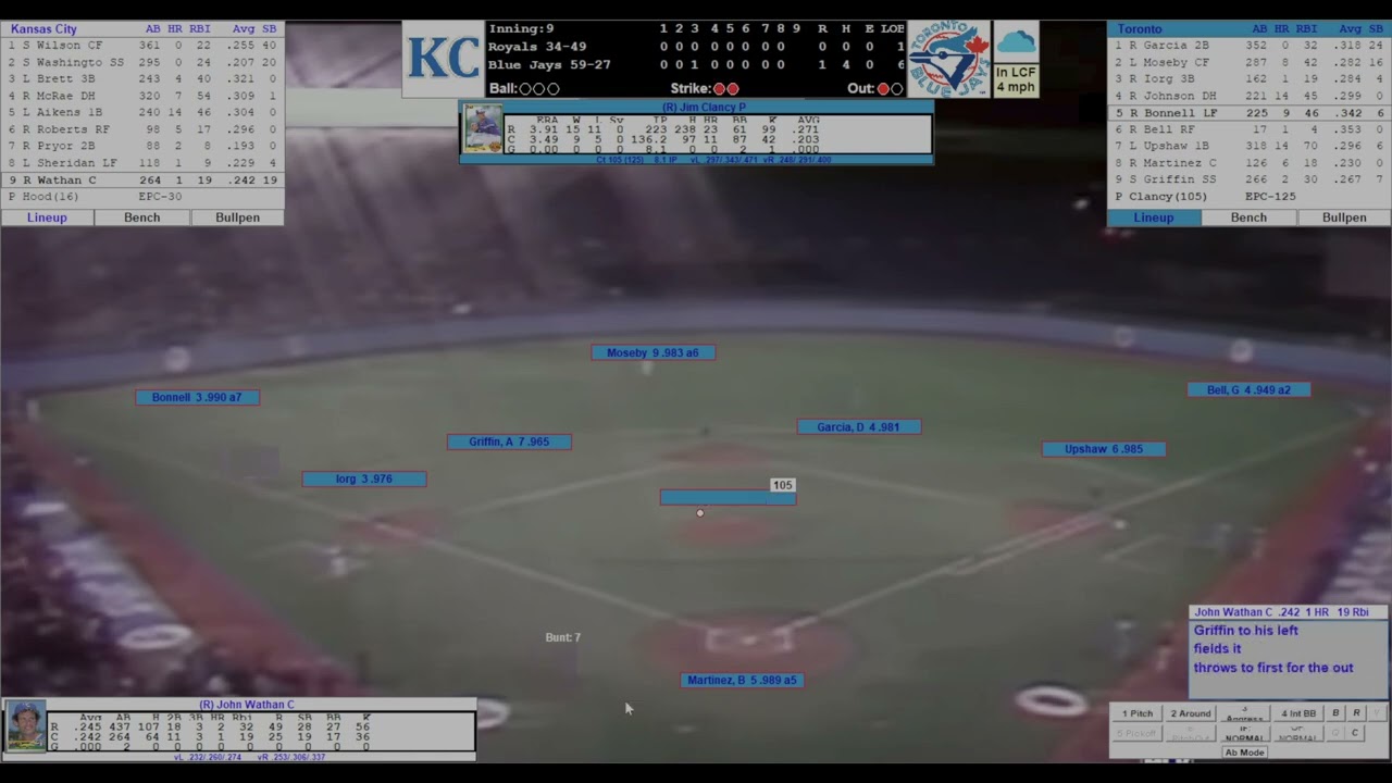 Jim Clancy of my Toronto Blue Jays going for a no hitter in this 1983 as played replay.