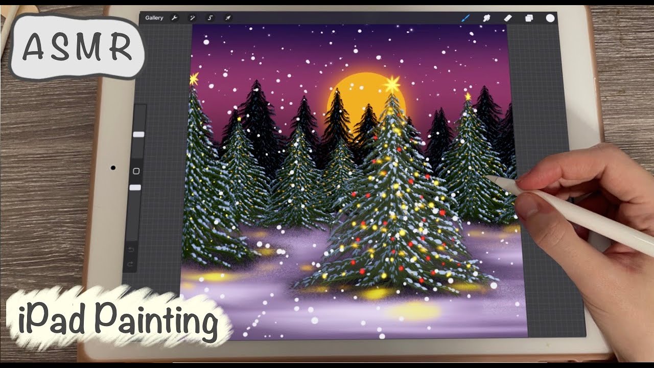 ASMR iPad Sounds - Teaching you how to paint a snowy landscape in Procreate - Close whispering