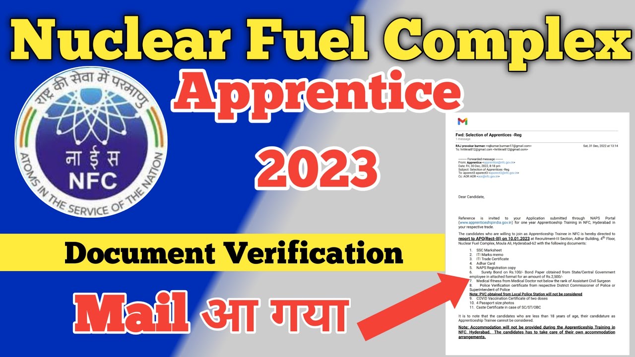 NFC Apprentice 2023 Document Verification, Nuclear Fuel Complex Apprentice Merit List, Hyderabad