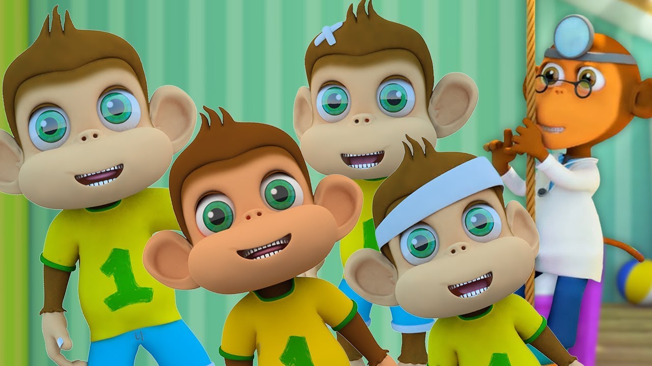 fem små aper | Barnesanger på Norsk | aper rim | Five Little Monkeys | Kids Tv Norsk