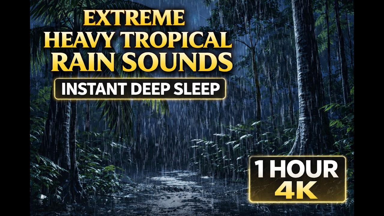 EXTREME Heavy Tropical Rain at Midnight in a Still Rainforest for Instant Deep Sleep (1 Hour 4K )