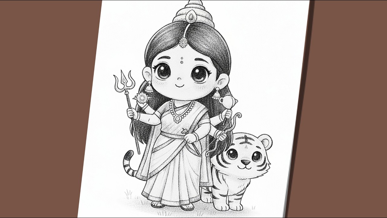 Cute Maa Durga Charcoal Pencil Drawing.