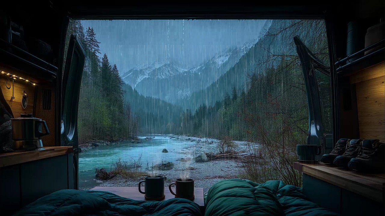 Find Calmness & Peace with Rain In Campervan with Mountain River  🚐  Feel Relaxed and Calm with Rain