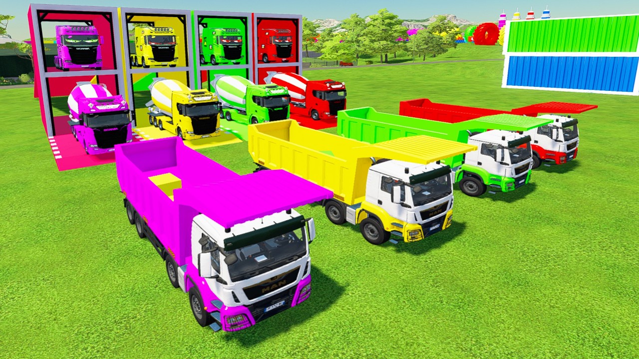 Colorful trucks - ALL COLORFUL MAN DUMP TRUCK, SCANIA MIXER CEMENT TRUCK TRANSPORTING TO GARAGE