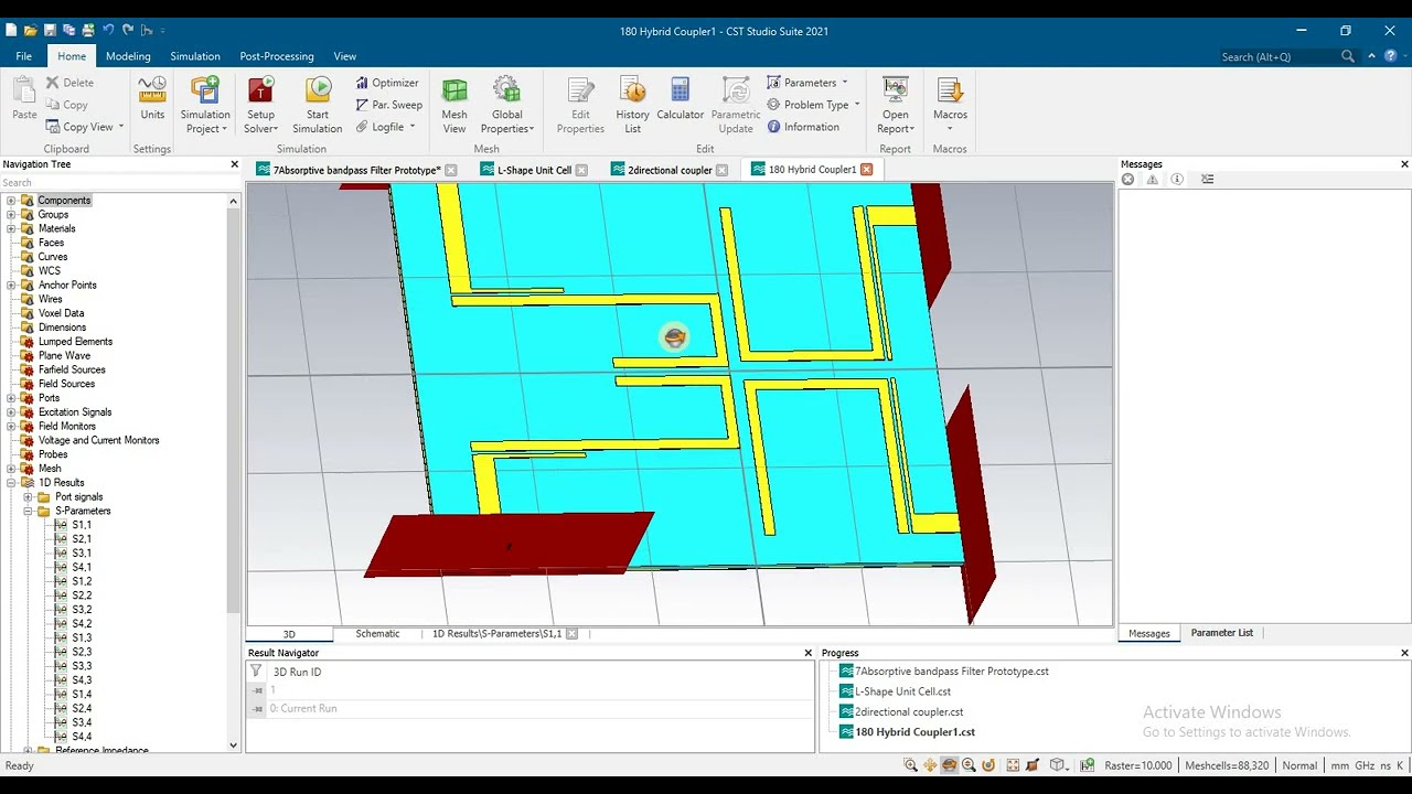 180 Hybrid Coupler 2 &times; 4 Filtering  coupler design results in cst, 180 degree coupler design in cst