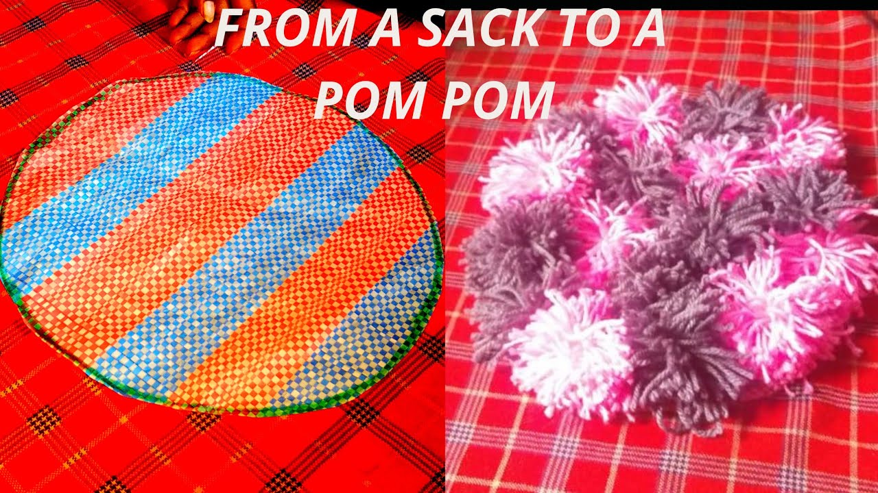 How to make a pom pom rug using a sack.