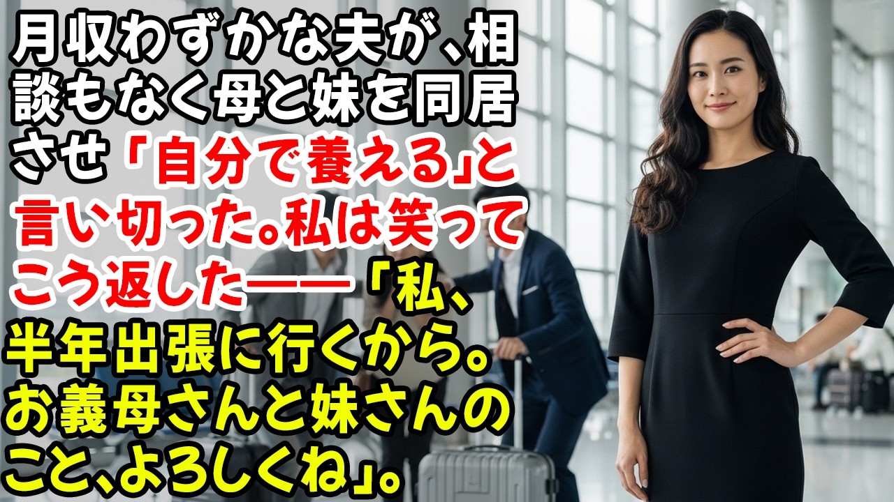 月収わずかな夫が、相談もなく母と妹を同居させ「自分で養える」と言い切った。私は笑ってこう返した――「私、半年出張に行くから。お義母さんと妹さんのこと、よろしくね」。