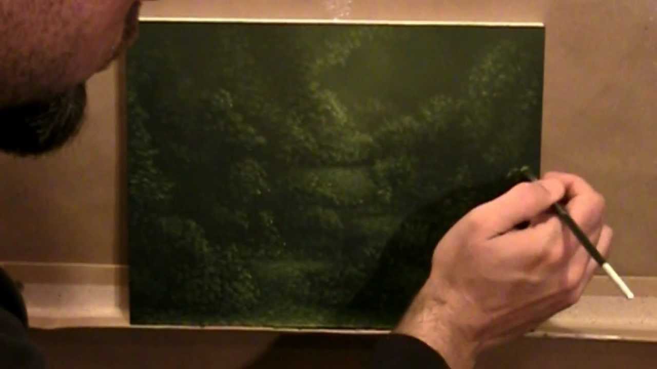 Time-lapse painting dark enchanted landscape forest trail with acrylics by artist Philippe Fernandez