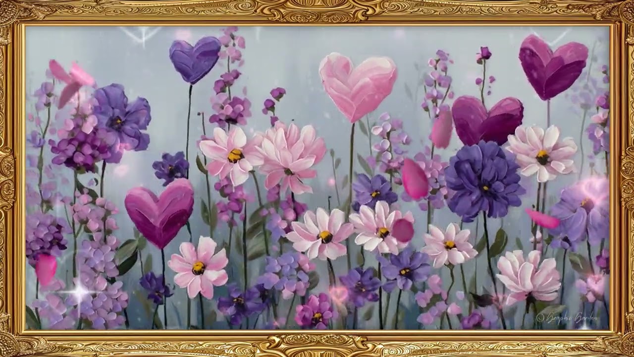 💖 Hearts In A Wildflower Meadow Scene | Gold Frame TV Art With Relaxing Piano Music In 4K